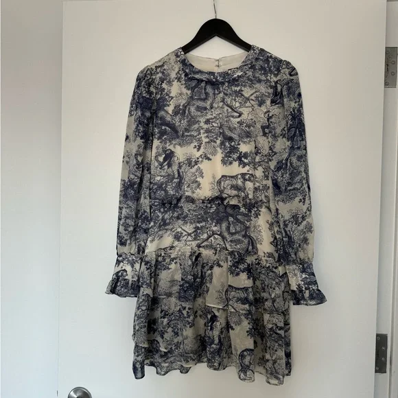 Bloomingdale’s Aqua Toile Print Ruffled Long Sleeve Dress - Picture 4 of 5